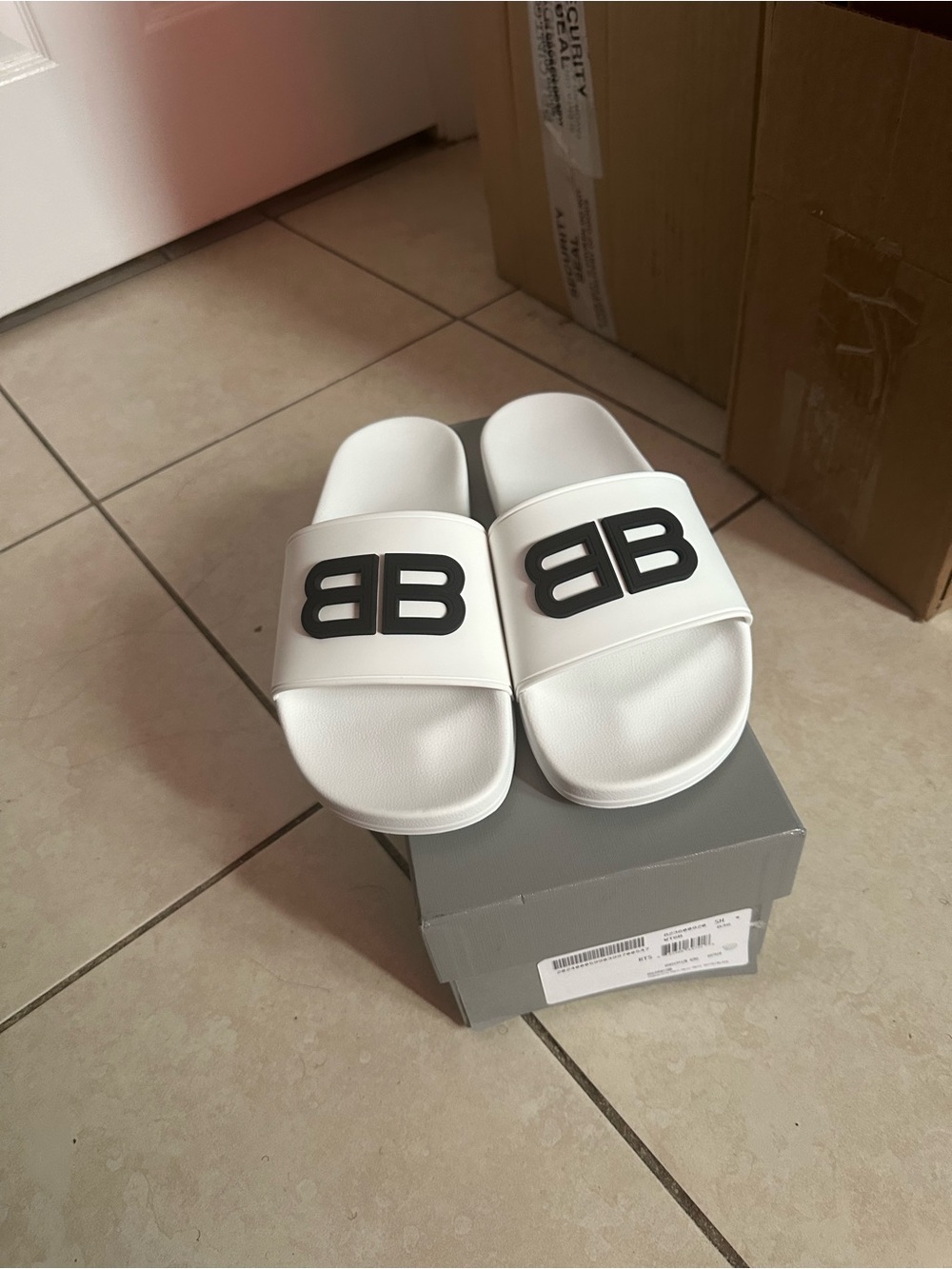 Balenciaga White Slides with Black Double B Logo - Picture 2 of 3